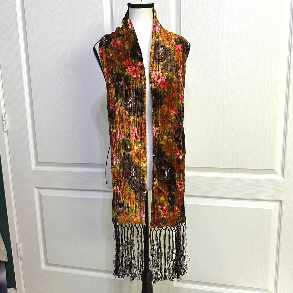 Lucky Brand Silk Blend Velvet Scarf Floral Fringe Boho Whimsigoth Fairy Indie